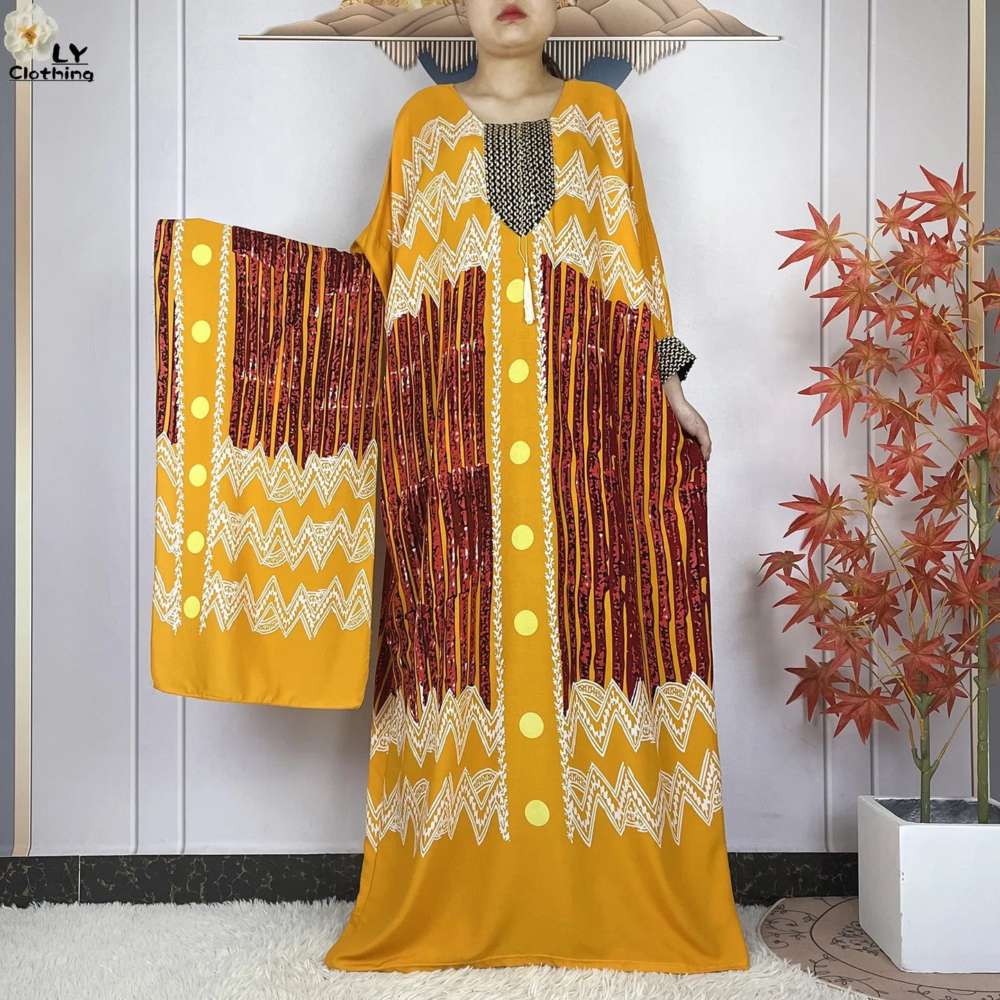 2024New Dubai Party Dress Muslim Femme Long Sleeves Printing Sequins Loose Boubou Maxi Islam Women Cotton African Abaya Clothing - Seprincess