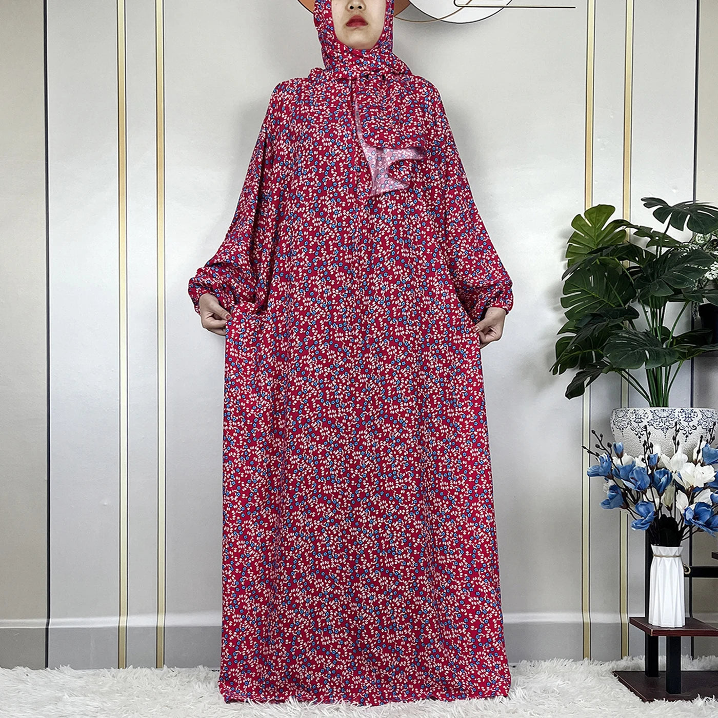 2024Latest Muslim Abayas For Women Ramadan Prayer Maxi Dubai Turkey Femme Cotton Robe Floral Loose African Dress Turban Attached