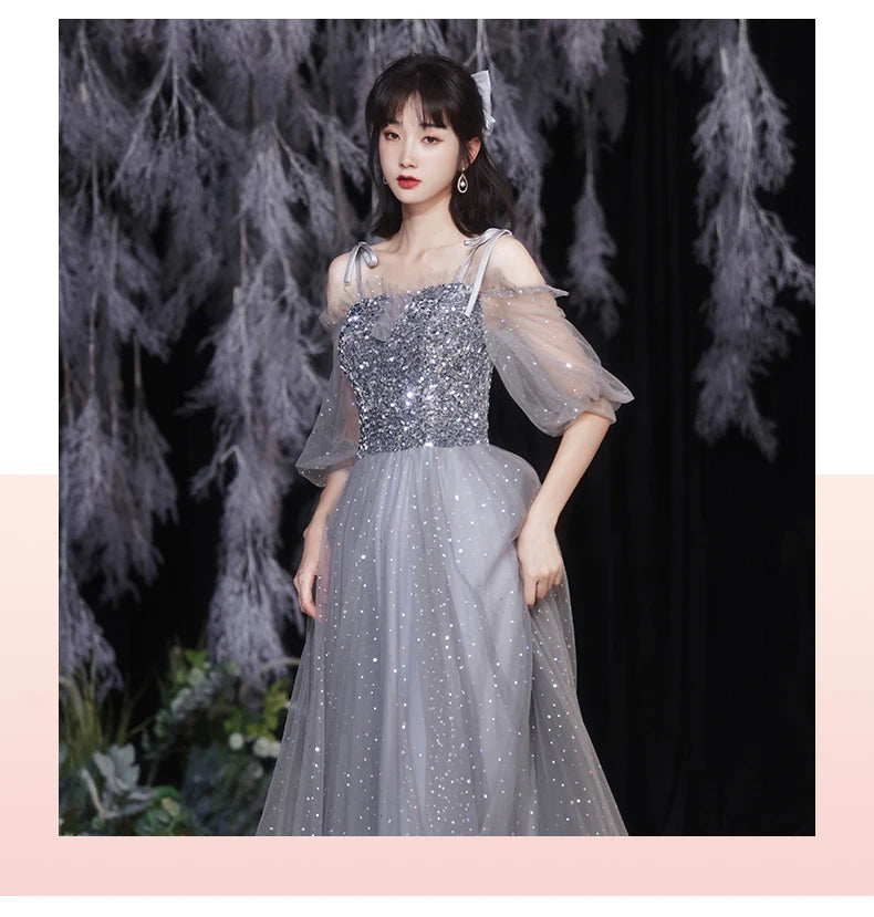 Grey Bridesmaid Evening Dress Women Off Shoulder Sequins Wedding Party Vestidos Fairy Temperament Sisters Group Gown Summer