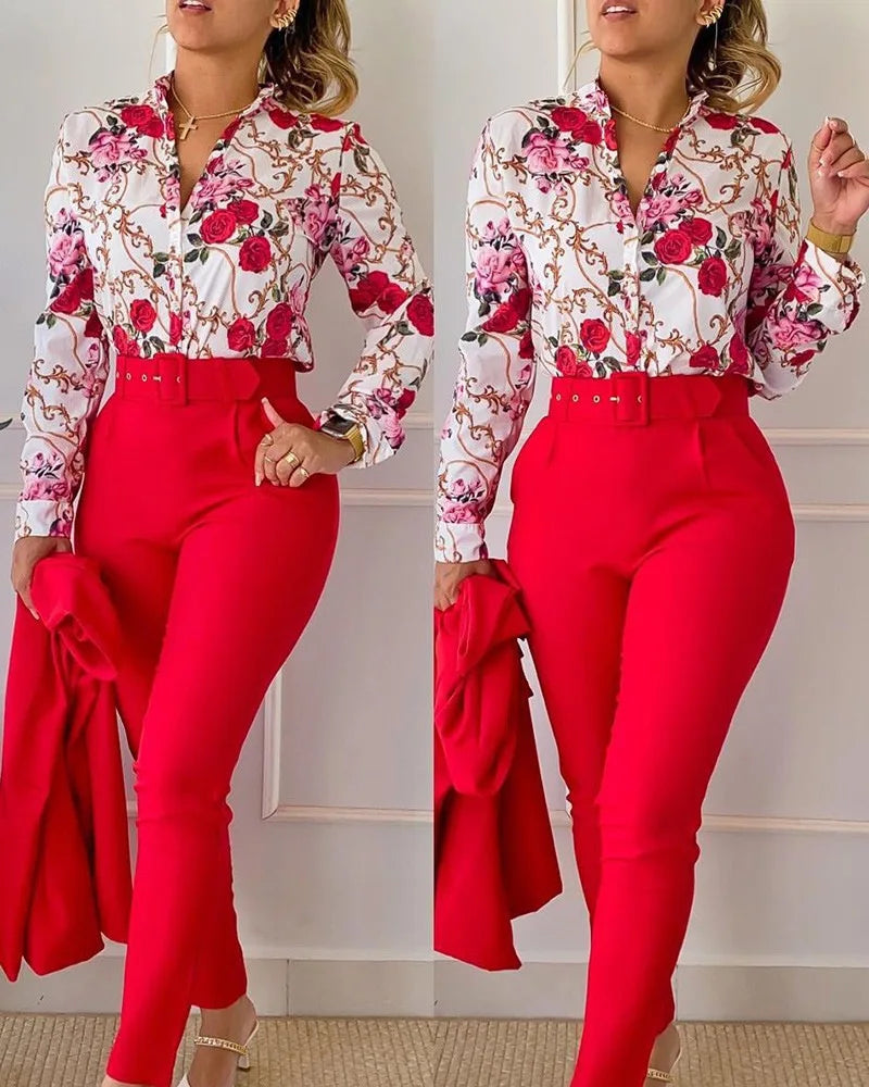 Elegant Women Printed Two Piece Suit Sets Spring Autumn V Neck Long Sleeve Shirt Top & Long Pants Set With Belt Workwear Outfits