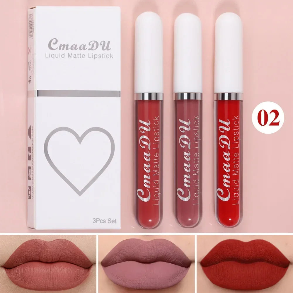 3Pcs/Set Waterproof Matte Nude Lip Gloss Brown Nude Pigment Dark Red Long Lasting Velvet Liquid Lipstick Women Makeup Lip Glaze