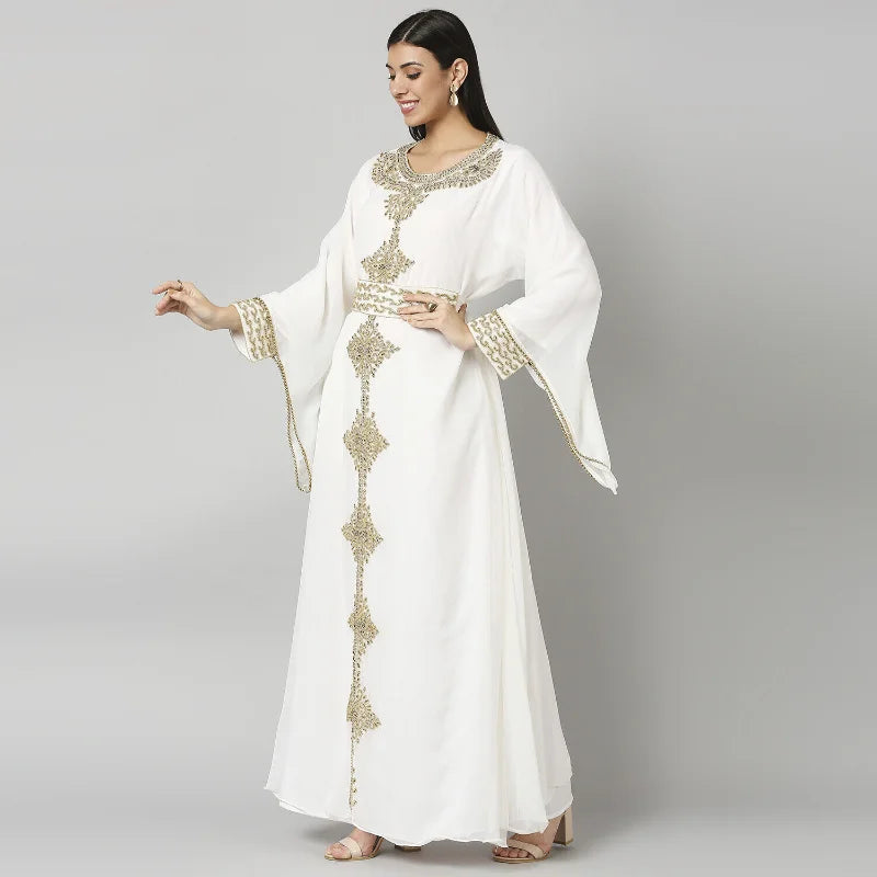 Off-White Morrocan Dubai Kaftans Ramadan Abaya Fara Maxi Gown Dress Fashion Trends - Seprincess