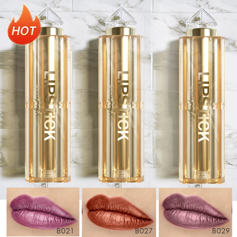 Silky Soft 3pcs/Set Matte Glitter Korean Lipstick Set Pearl Shimmer Waterproof Long Lasting Glitter Pink Orange Makeup Lipstick - Seprincess