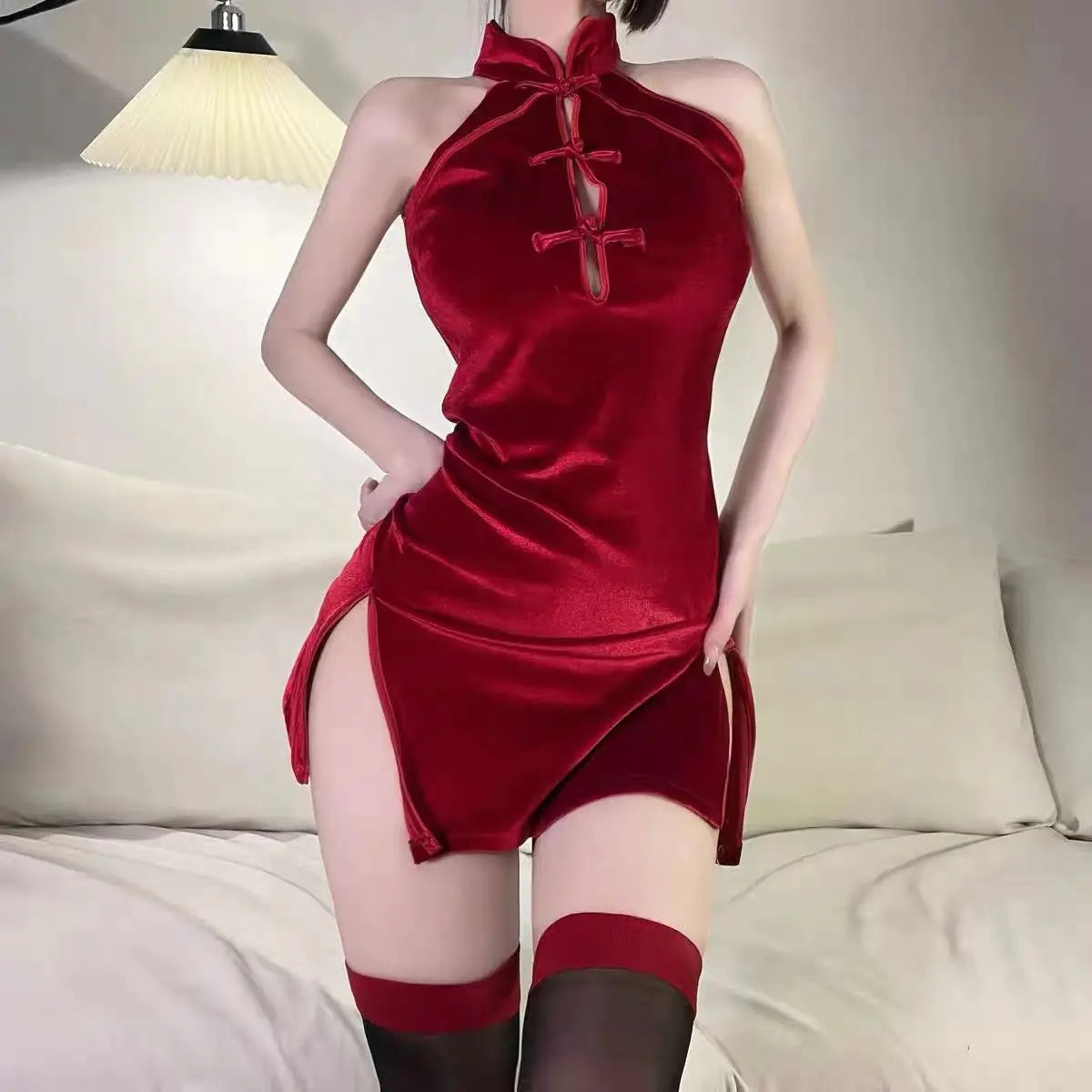 Women Qipao Velvet Wrap Buttocks Dress High Slit Thin Sleeveless Red Black Cheongsam Chinese Chinoiserie High Waist A-line - Seprincess