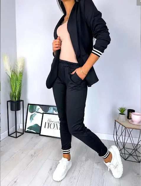 Women's Spring Double Breasted Blazer Office Pantsuit Striped Notched Collar Blazer Coat Drawstring Pants Set 2 Piece Set Female - Seprincess