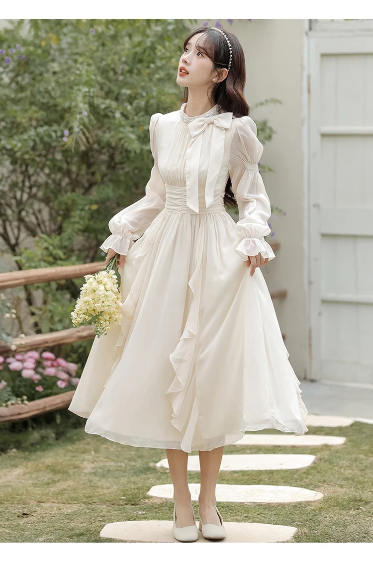 Autumn Chiffon Midi Dresses for Women O-neck Bow Flare Sleeve High Waist Ruffles A-line Princess Party Dress Vestidos Mujer New - Seprincess