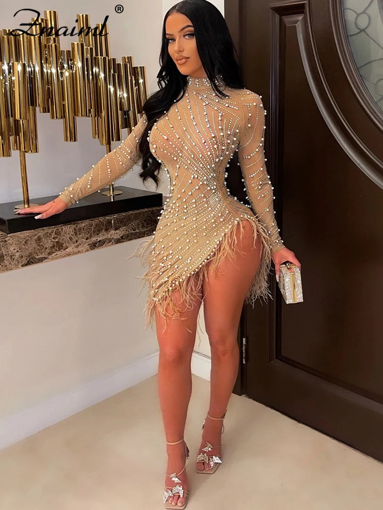 Znaiml Luxury 2023 Evening Celebrity Feathers Sheer Mesh Short Dresses for Women Sexy Pearls Rhinestones Party Birthday Vestidos - Seprincess