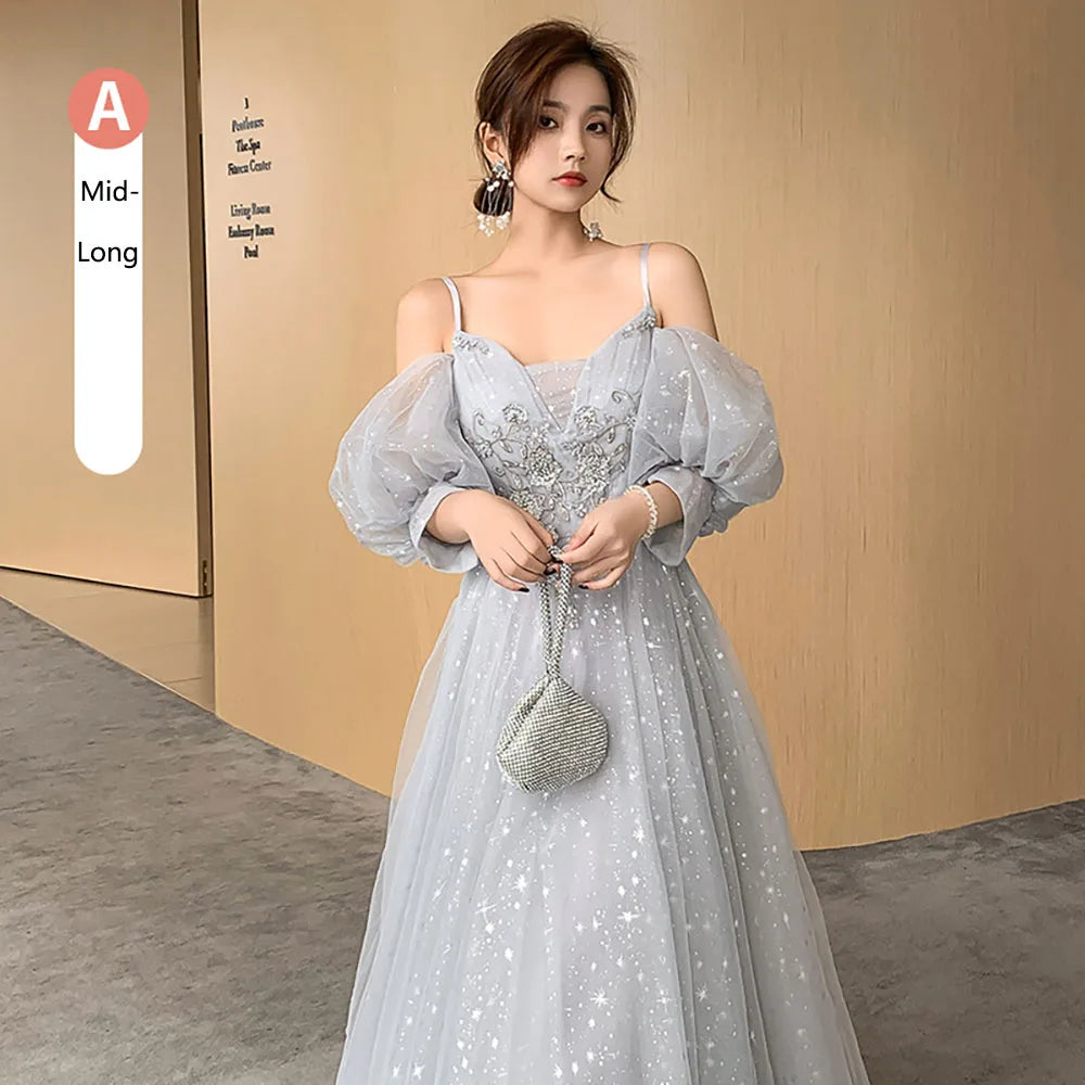 Bridesmaid Dress Women Lantern Sleeve Sequin Tulle Party Dresses Fairy Stage Performance Elegant Ladies Banquet Evening Gown - Seprincess