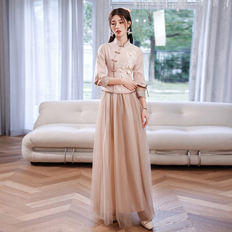 Chinese Wedding Dresses Qipao Traditional Bridesmaid Elegant Khaki Pink Cheongsam Modern Three Quarter Sleeves Outfits for Girls - Seprincess