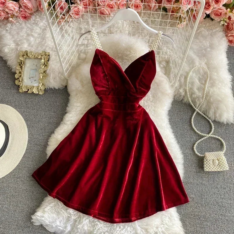 Women's Mini Party Dress French Retro Black Red Sling Velvet Dress New Waist Female Sexy Short Dresses HH193 - Seprincess