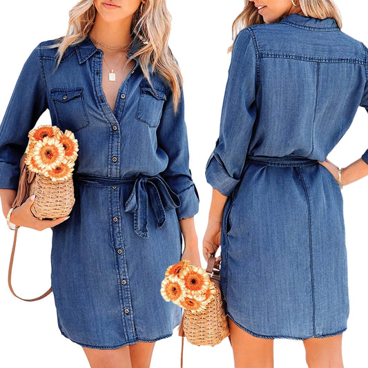 Fashion Women Casual Denim Dress Solid Color Long Sleeve Button-Down Lapel Short Dress with Belt Shirts Dress - Seprincess