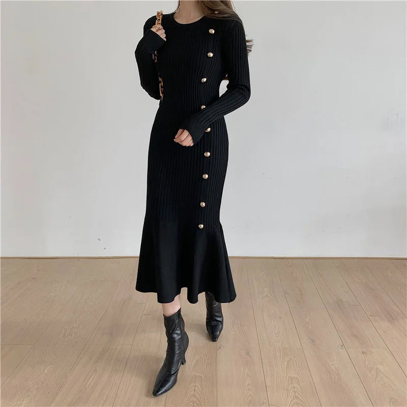 Autumn Warm Korean Fashion Woman Elegant Clothing Knitted Vintage Dresses Sweater Dress Femme Winter Vestido Feminino Thicken - Seprincess