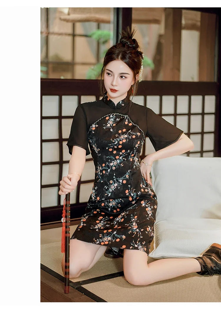 Modern Improved New Traditional Chinese Short Sleeve Cheongsam Sexy Black Floral Stitching Qipao Dress - Seprincess