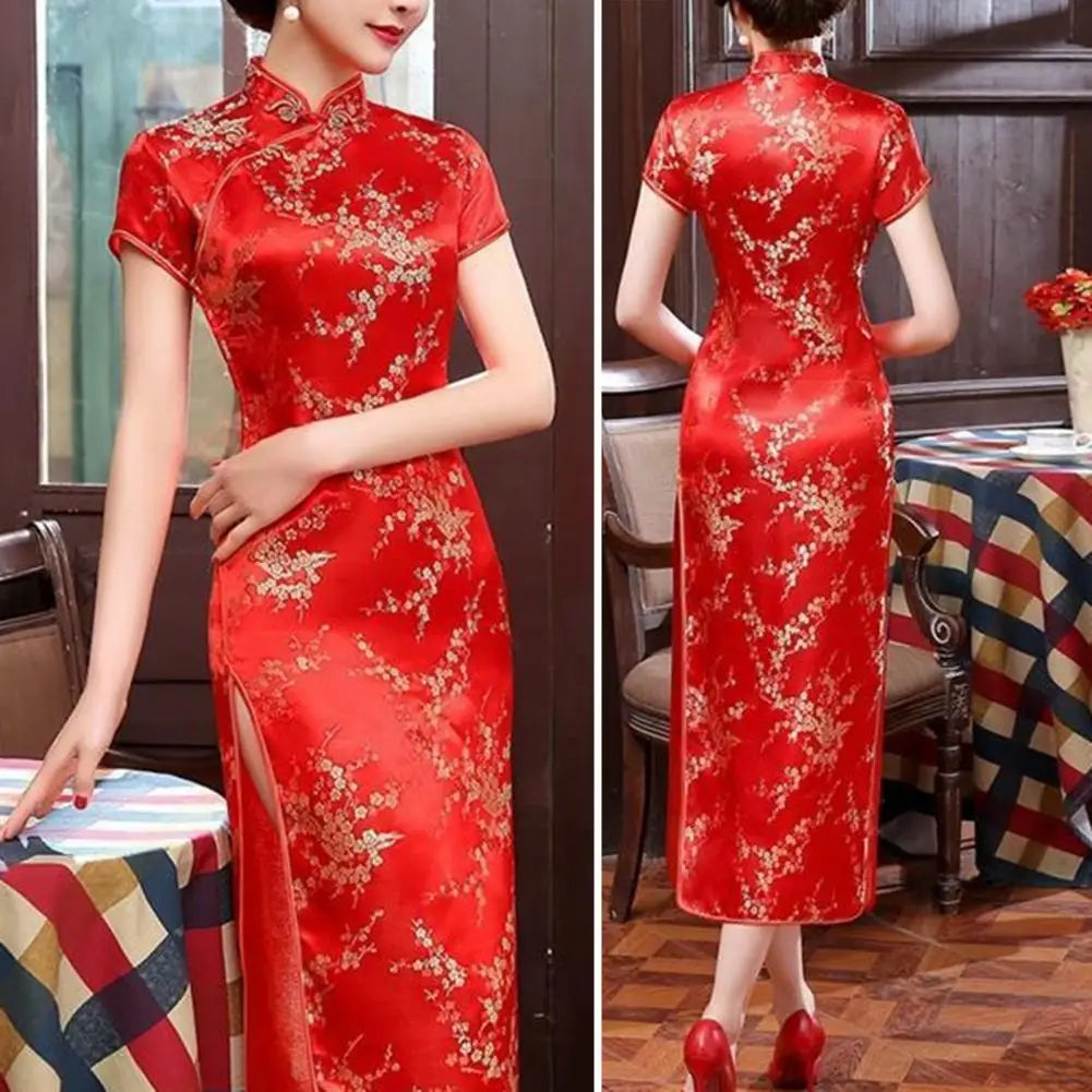 Retro Style Cheongsam Dress Elegant Chinese National Style Floral Embroidery Cheongsam Dress with Stand for Summer for Women - Seprincess