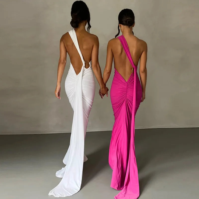 Womens Elegant Evening Party Cocktail Long Dress Sexy Backless Open Back Ruched Slim Bodycon Formal Wedding Guest Maxi Dress