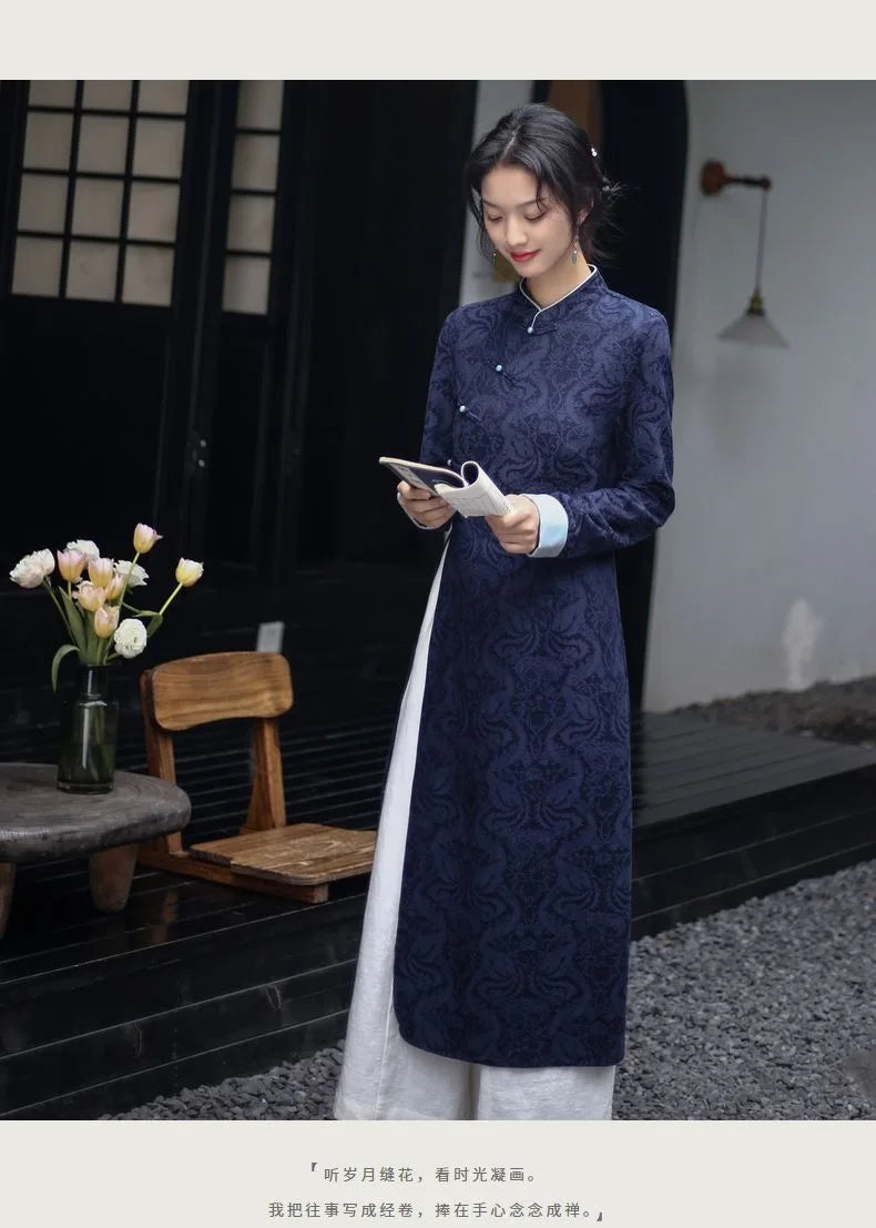 2024 Autumn New Vietnam Aodai Chinese Styles Women Floral Printing Vintage Long Dress Qipao Chinese Elegant Cheongsam Dress - Seprincess