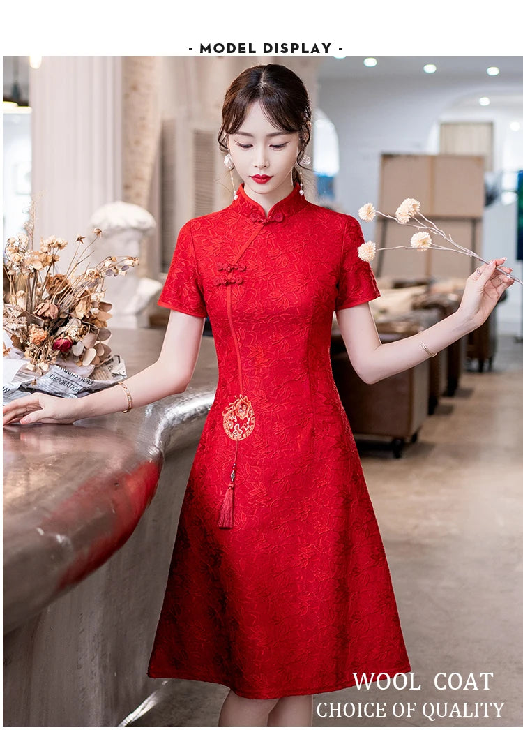 Chinese Traditional Retro Red Modern Improved Cheongsam Summer New Short Sleeve Engagement Qipao Dress - Seprincess