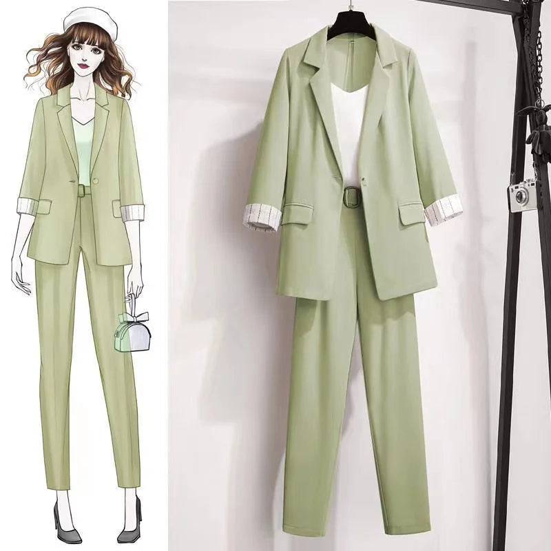 2023 spring new plus size Korean elegant women's suit female blazer leisure pants Tweed suit jacket three piece jacket pants set - Seprincess