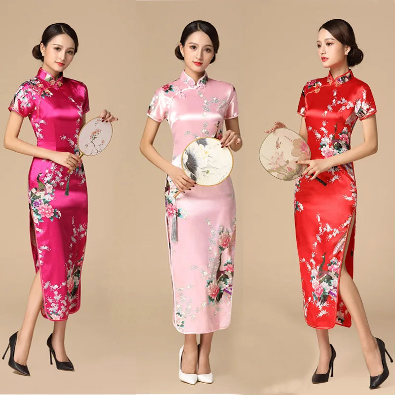 Women Satin Cheongsam Chinese Traditional Mandarin Collar Evening Party Dress Print Peacock Sexy Split Qipao Vestidso - Seprincess