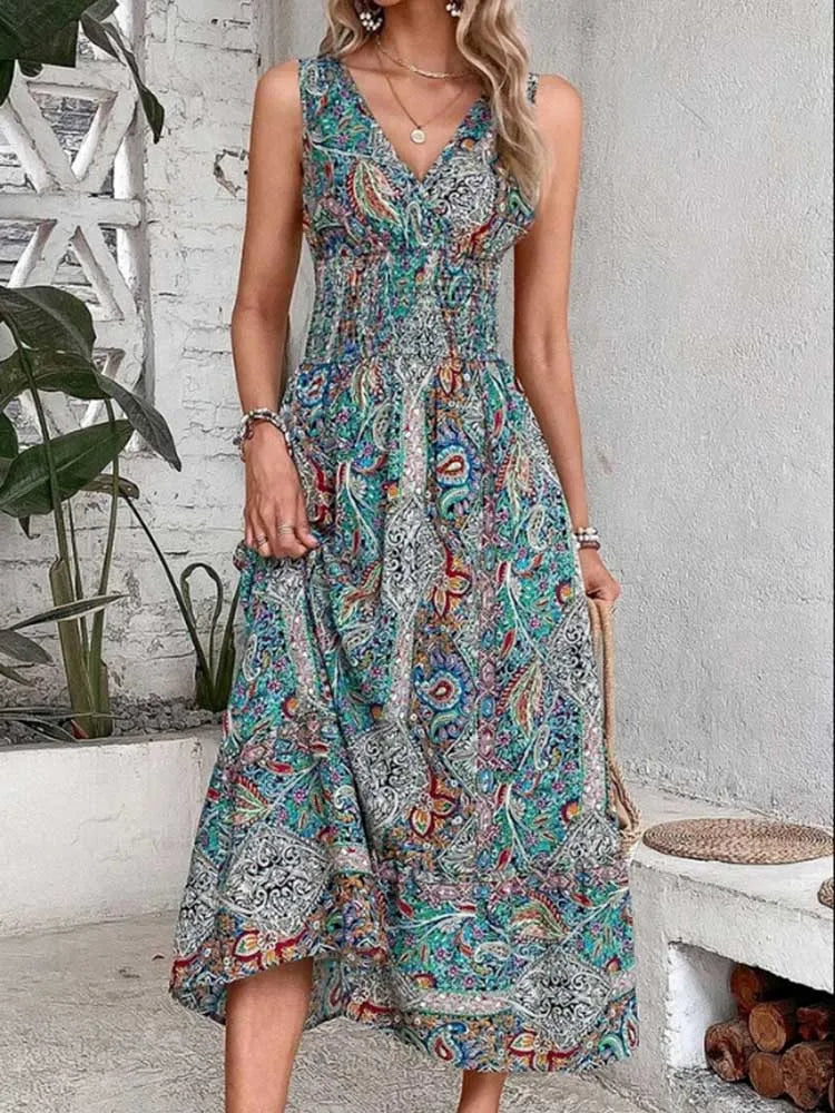 Fashion Sleeveless Maxi Boho Dress Women 2024 Summer Print Elastic Waist Bohemian Elegant Tank Long Dresses For Women Robe Femme - Seprincess