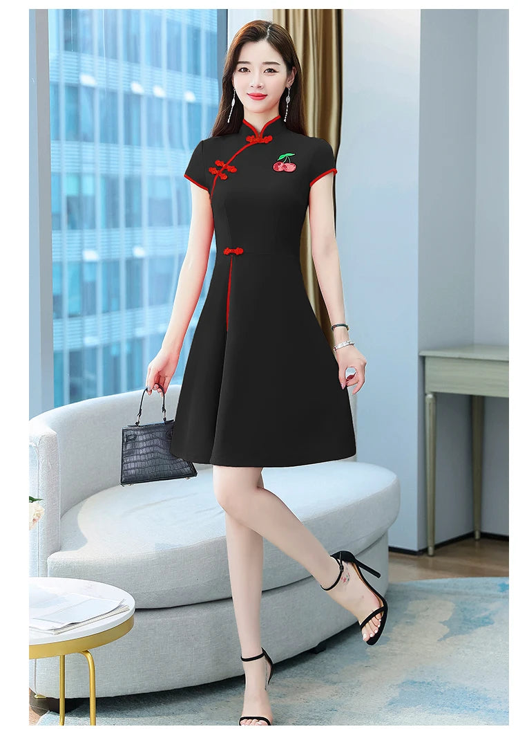 Chinese Style Summer Improved Cheongsam Slim Midi Short Sleeve Modern Qipao Dress Women Clothing CNY - Seprincess