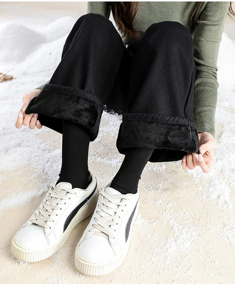 Women Pants 2023 Winter Fashion Korean Edition New Style Versatile High Waist Straight Cylinder Thick Fleece Wide Leg Jeans