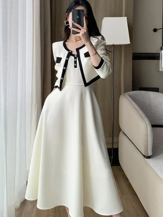 Elegant 2-Piece Dress Set for Lady Short Coat A-Line Midi Camisole Dresses Slim Korean Fashion Female Suit Spring Autumn New - Seprincess