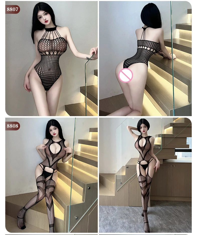 Sexy Erotic Lingerie For Women Porn Fishnet Mesh Bodysuit Female Perspective Sex Crotchless Hollow Stretch Teddy Bodystockings