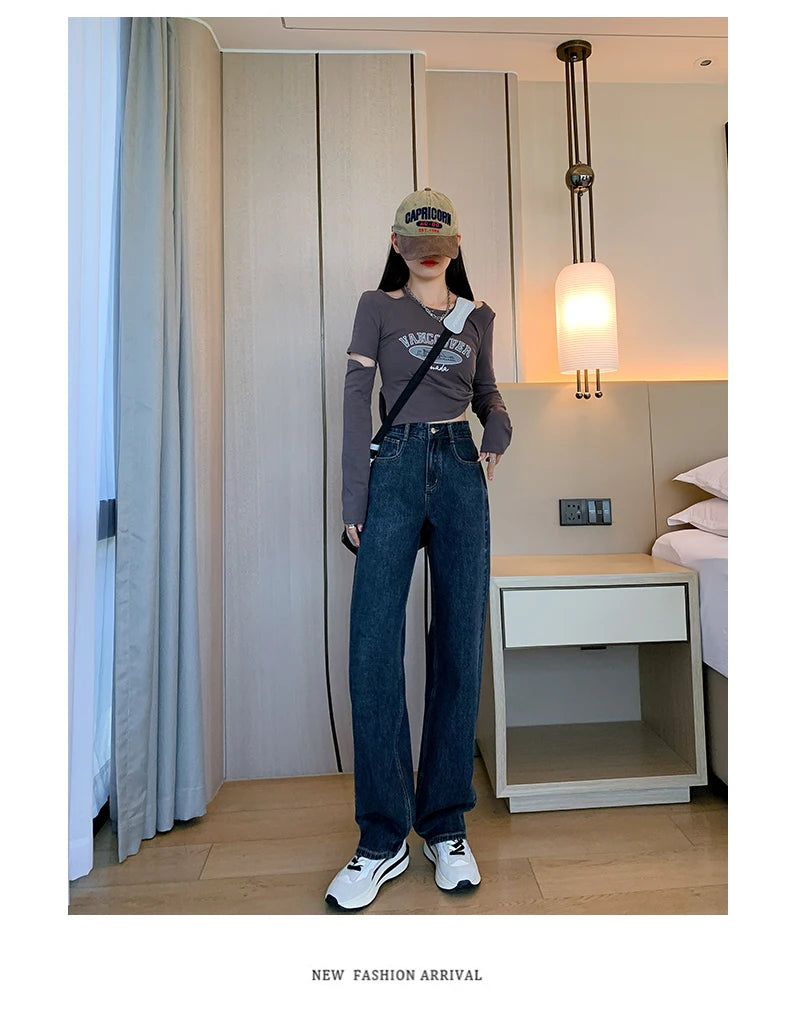 Jielur Dark Blue Straight Basic Female Jeans High Waist Slim Loose Solid Color Simple Women's Wide Leg Pants Chic Office Ladies