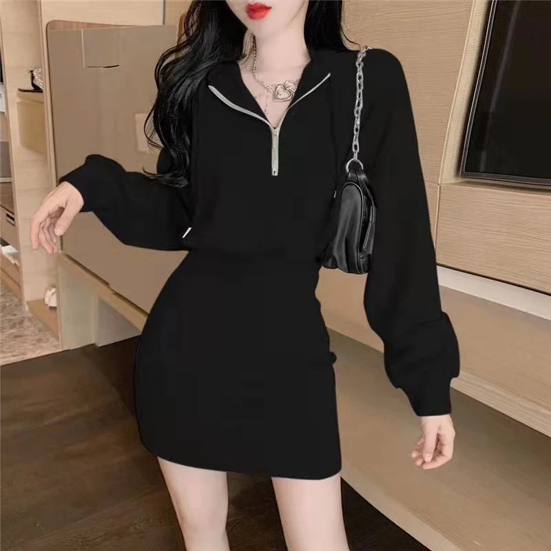 Sexy Slim Female Dress 2022 Summer New Solid Puff Long Sleeve Short Hooded Sweater Skirt High Waist Bag Hip Women Dresses - Seprincess