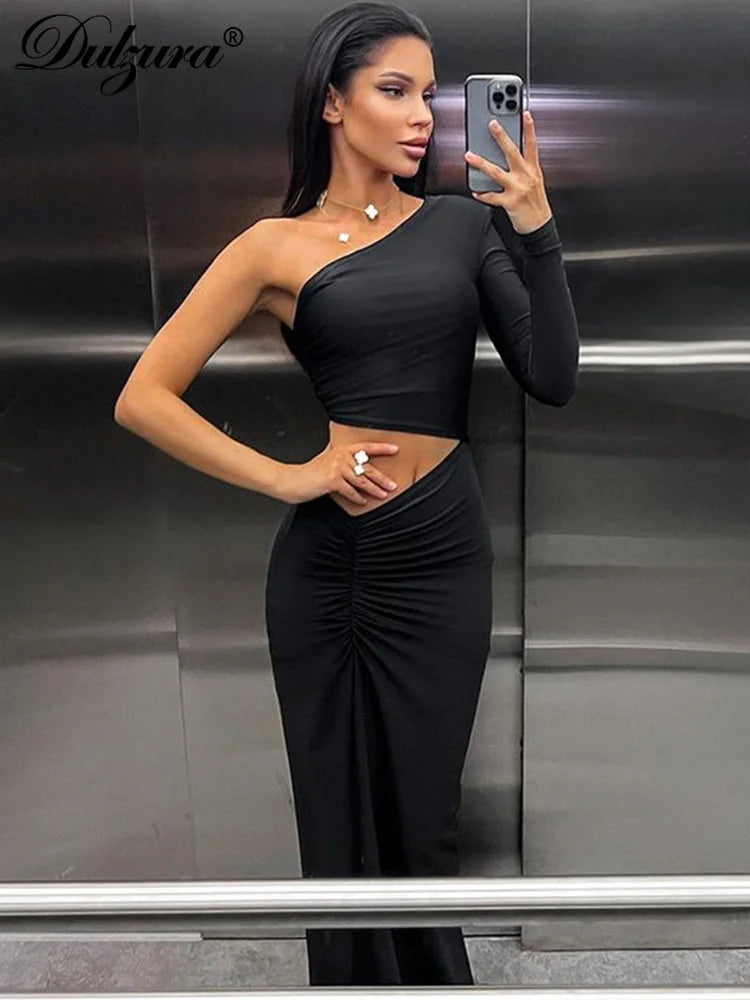 Dulzura Long Sleeve One Shoulder Maxi Dress Cut Out Ruched Slit Bodycon Sexy Prom Party Elegant Evening Y2K Clothes Birthday - Seprincess