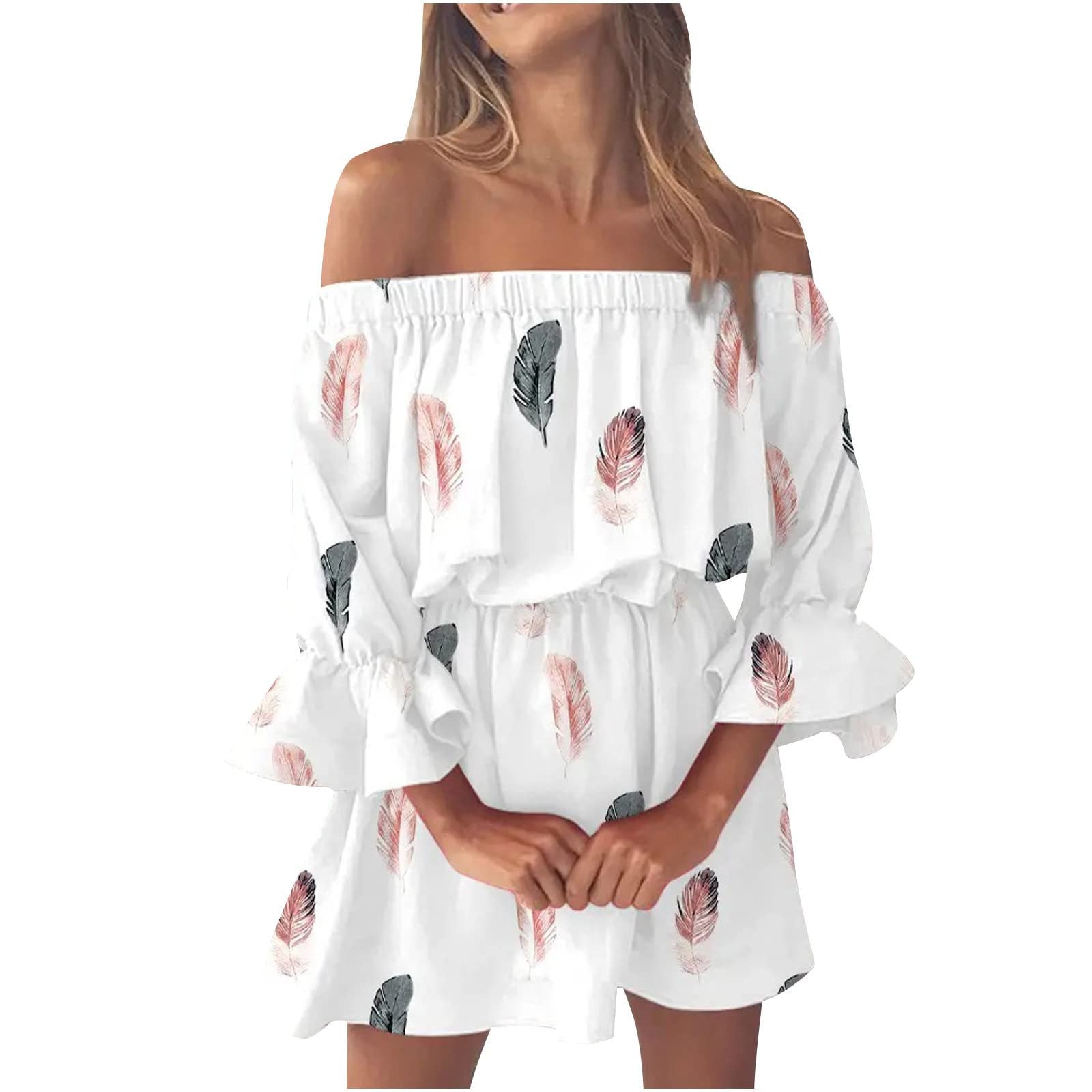 Boho Dresses for Women 2023 Summer Sexy Off Shoulder Floral Print Flare Sleeve Tunic Dress Women Casual Mini Sundress Vestido - Seprincess