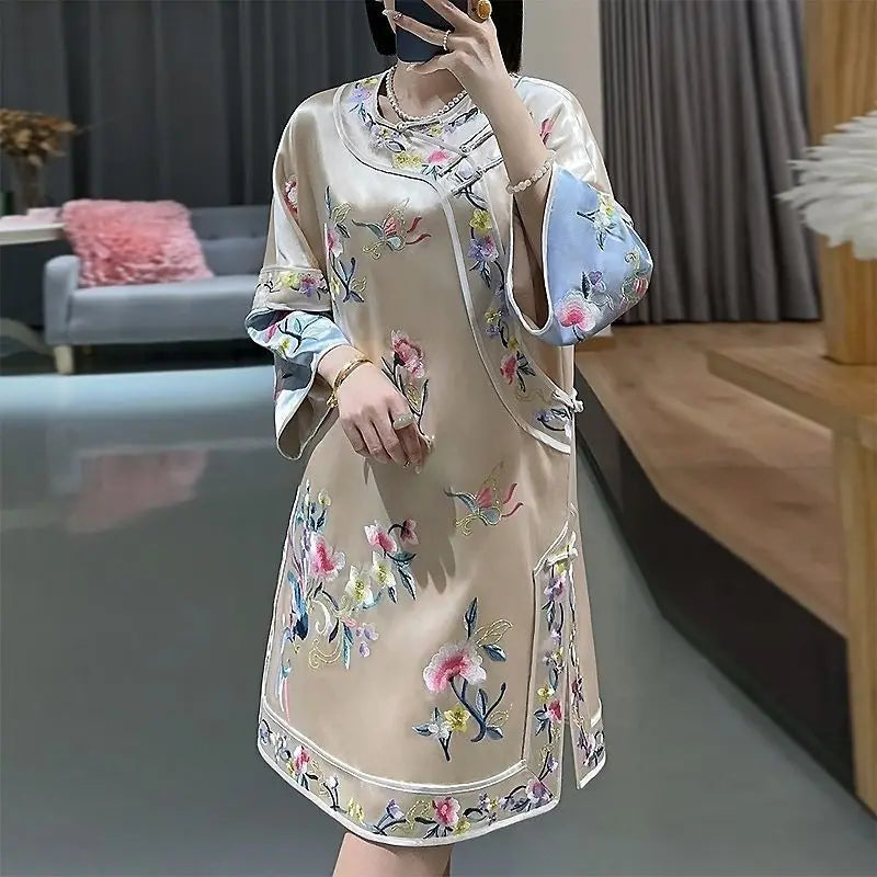 Chinese Traditional Women Qipao Dress Yellow Round Neck Three Quarter Sleeve Printed Cropped Cheongsam Women Evening Dresses - Seprincess