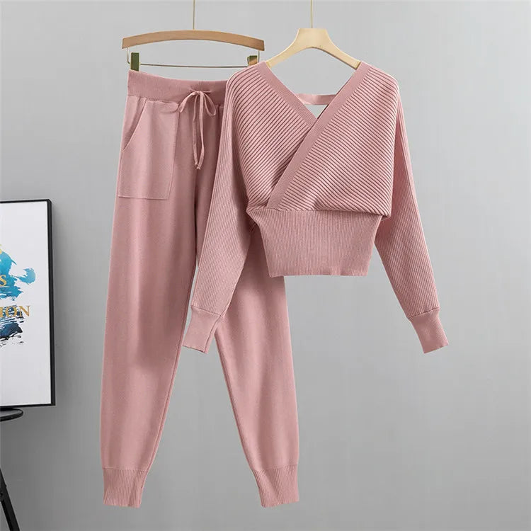 Elegant Tracksuit Sexy Two Piece Set Women Korean Style Ribbed Knitted Backless Top And Long Harem Pant Suit Autumn Outfits y2k - Seprincess