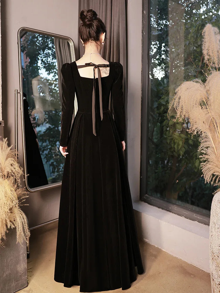 Autumn Winter Black Evening Dress Women Elegant  Luxury Velvet Long Sleeve A-line Party Dresses French Beadding Prom Gown - Seprincess