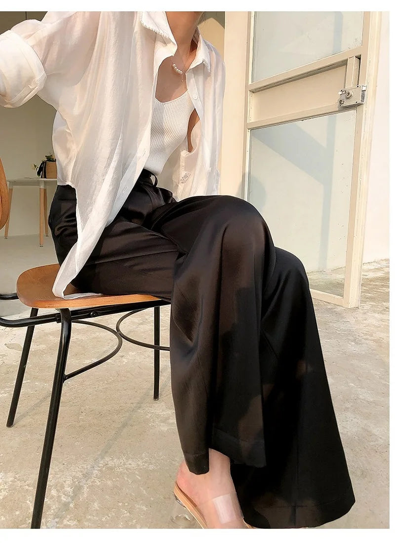 Summer Silk Satin Wide Leg Pants Thin Women Spring Office Straight Suit Trousers Classic Baggy Elegant High Waist Straight Pants