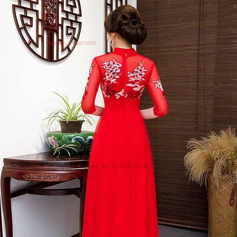 2024 women improved qipao dress elegant lace flower embroidery cheongsam vintage banquet qipao oriental evening dress vestido - Seprincess