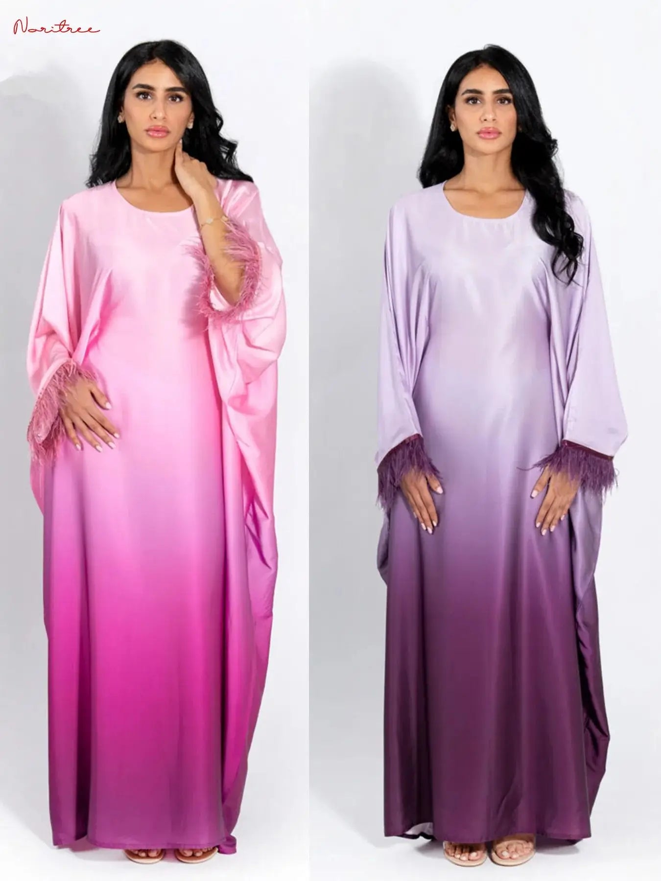 Fashion Shiny Feather Cuff Muslim Dress Robe Female Full Length Soft Butterflies Abaya Muslim Dress Worship Service Abaya wy2073 - Seprincess