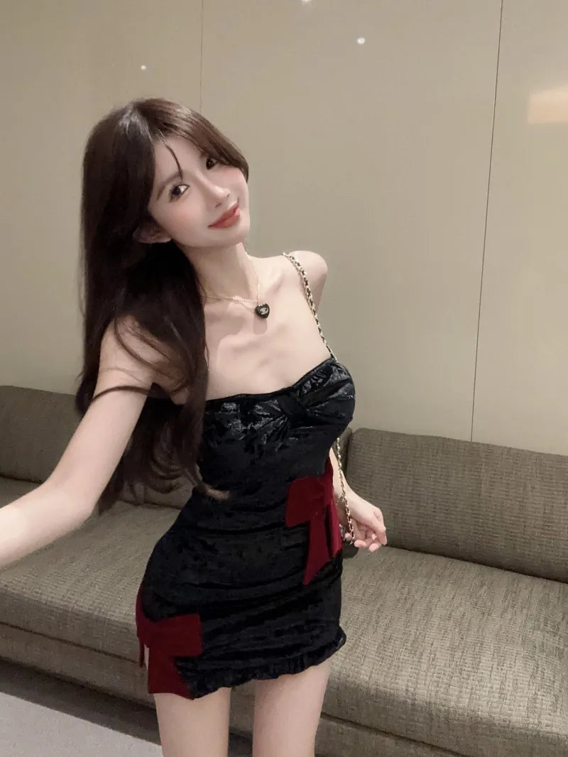 velvet Temperament Korean Style Sweet Fashionable Strapless Bow Tie Straps Folds Wrap Buttocks Tight Fitting Dress Versatile R57 - Seprincess