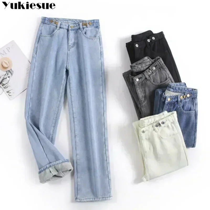 Women Pants 2023 Winter Fashion Korean Edition New Style Versatile High Waist Straight Cylinder Thick Fleece Wide Leg Jeans