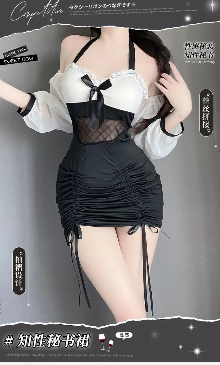 Sexy Female Secretary Chest Wrapping Drawstring Perspective Gauze Black White Splicing Puff Sleeve Bag Buttocks Dress Elegant NT - Seprincess