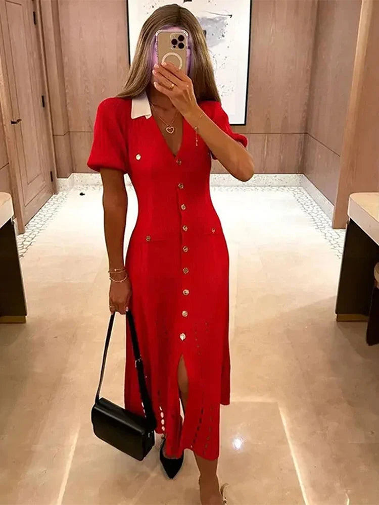 V-Neck Bubble Sleeved Knitted Beach Dresses Waist Cinched Hollowed Out Slimming Red Long Dress Single Breasted Button Women Robe - Seprincess