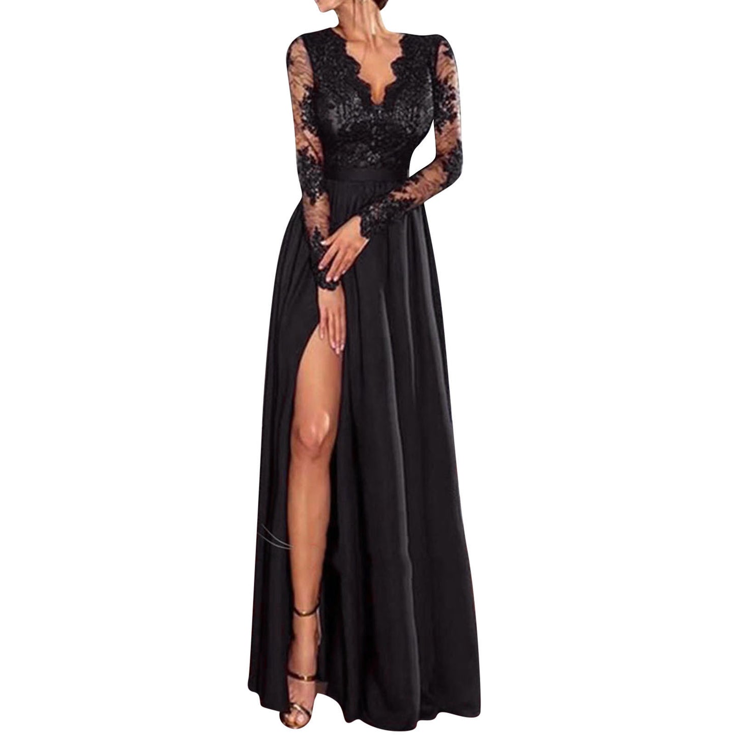 Women Floral Lace Maxi Dress Long Sleeve V-Neck Bridesmaid Wedding Evening Party Dresses Dresses For Women Party Casual - Seprincess