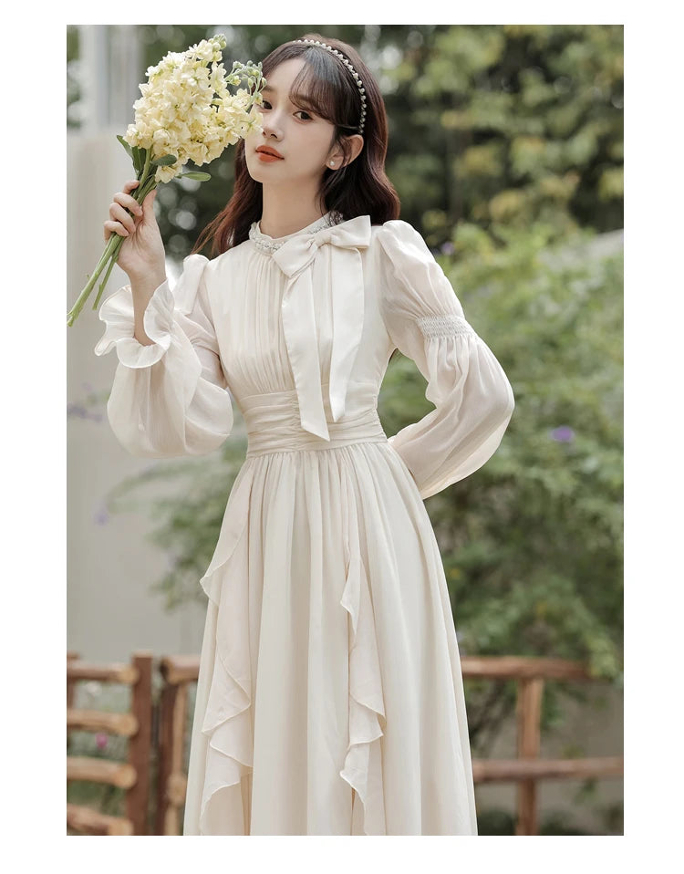 Autumn Chiffon Midi Dresses for Women O-neck Bow Flare Sleeve High Waist Ruffles A-line Princess Party Dress Vestidos Mujer New - Seprincess