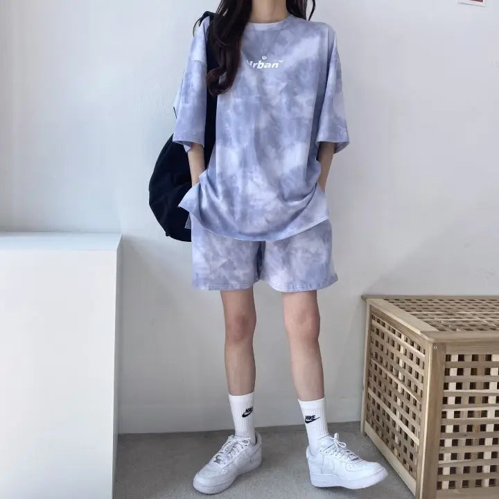 Women T-Shirt Shorts Suit Set Casual Tie Dye Loose tshirt and wide leg middle shorts with pockets female Soft Summer Shorts Sets - Seprincess