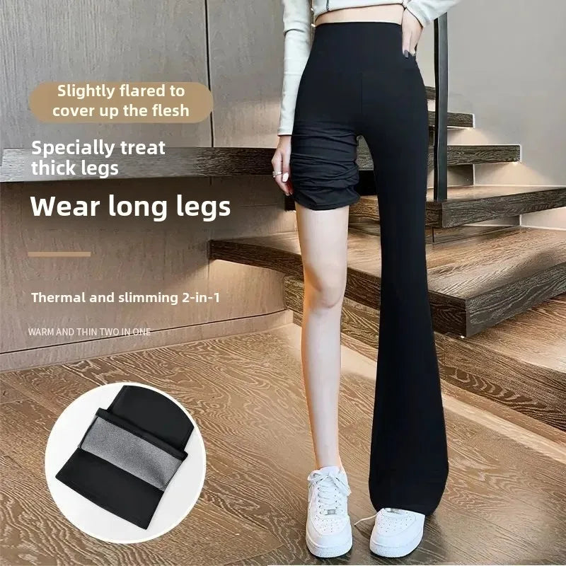 Women's High-Waisted Slimming Plus Size Black Autumn/Winter Fleece-Lined Draped Trousers Front Side Slitbootcut Pants