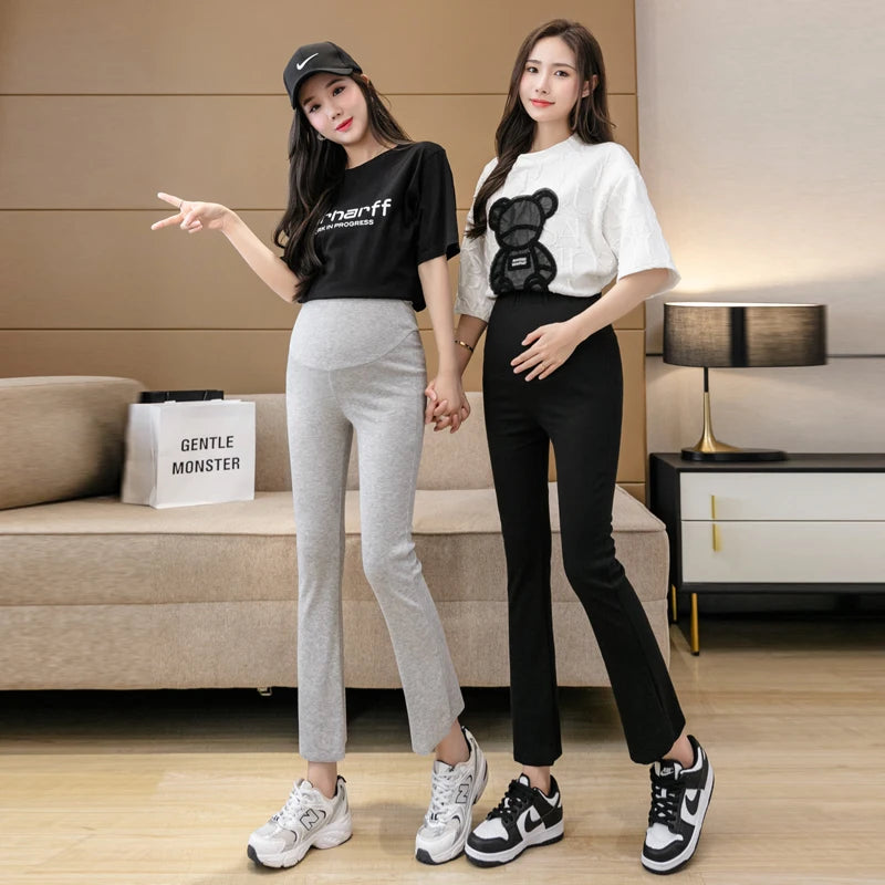 Spring Pregnant Woman Ankle-Length Pants Cotton Stretch Outside Wear Casual Maternity Boot Cut Thin Pregnancy Flare Trousers