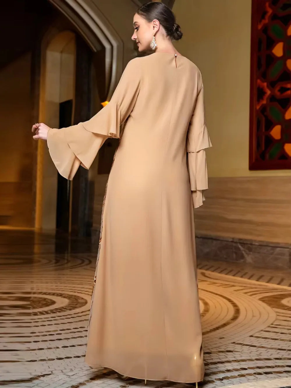 Eid Muslim Sequins Dress for Women Abaya Ramadan 3 Layers Butterfly Sleeve Long Abayas Woman Robe Moroccan Caftan Vestidos - Seprincess