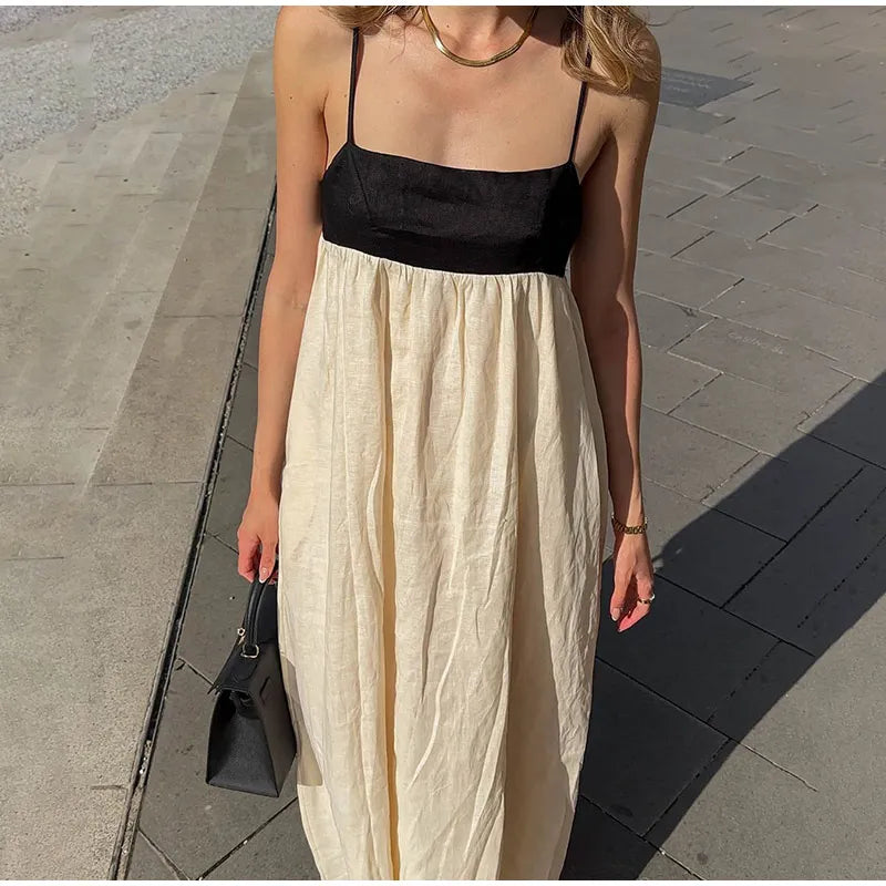 Contrast Splicing Loose Sling Long Dresses Women Square Collar Sleeveless Backless High Waist Dress 2024 Summer Lady Street Robe - Seprincess