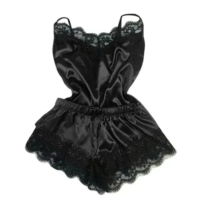 New Women's Pajamas Silk Sexy Pajama Set Black Lace V-Neck Pajama Suspender Top and Shorts Lace Pajama Set Home Underwear Dress - Seprincess